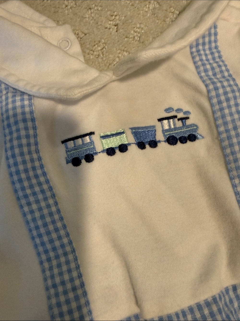 crown & ivy White Bodysuit with Blue Train Embroidery